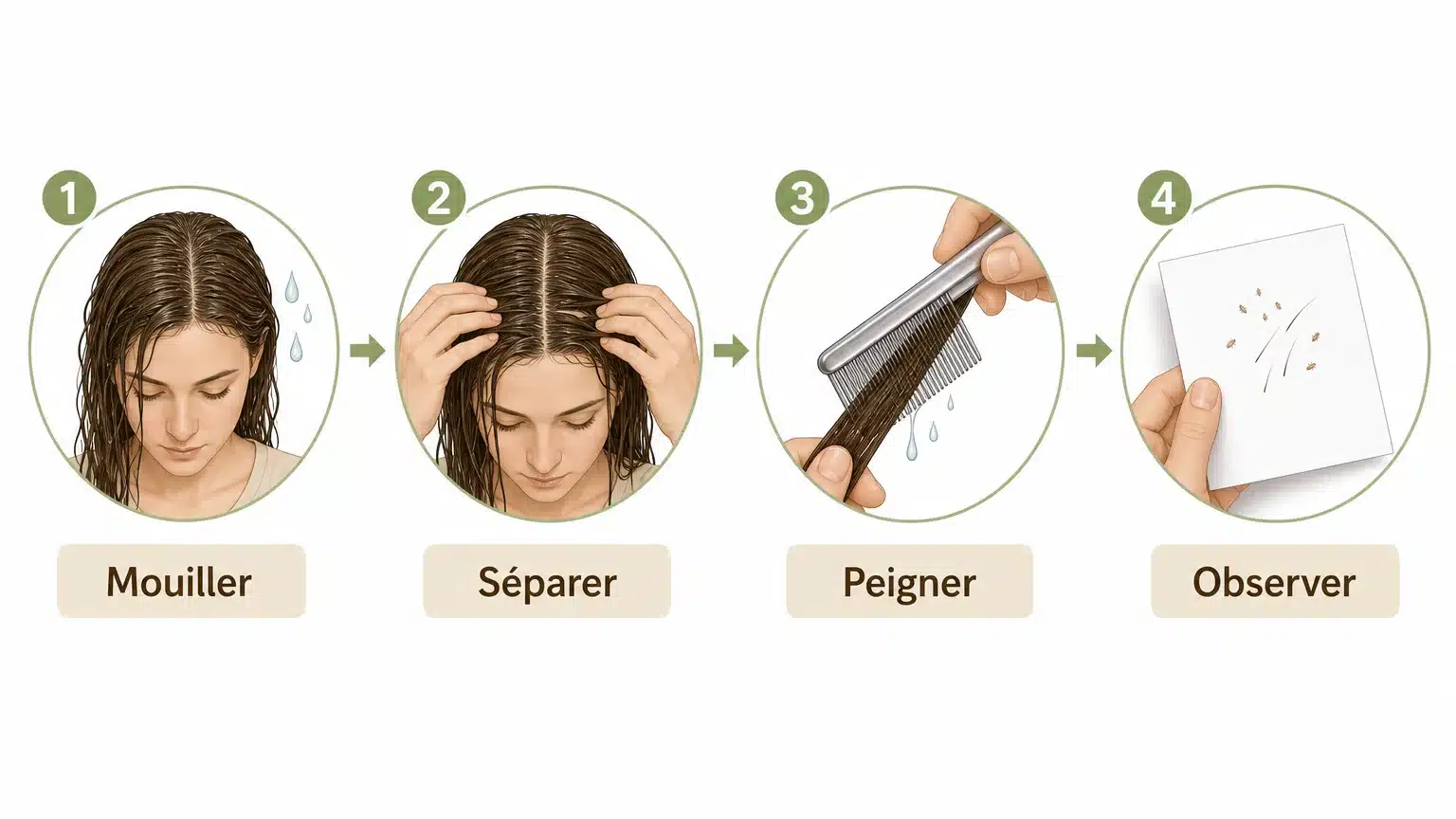 Checklist illustrée pour contrôler les cheveux avec un peigne fin