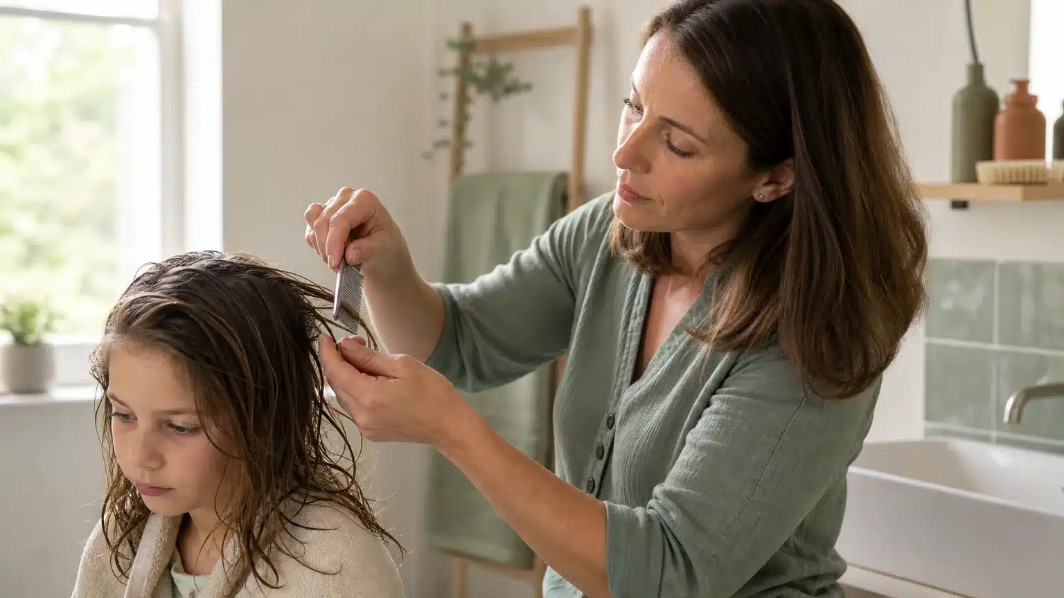 Adulte utilisant un peigne fin pour enlever les lentes des cheveux d’un enfant