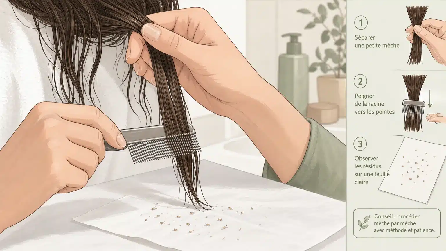 Peignage minutieux des cheveux pour retirer les poux et les lentes