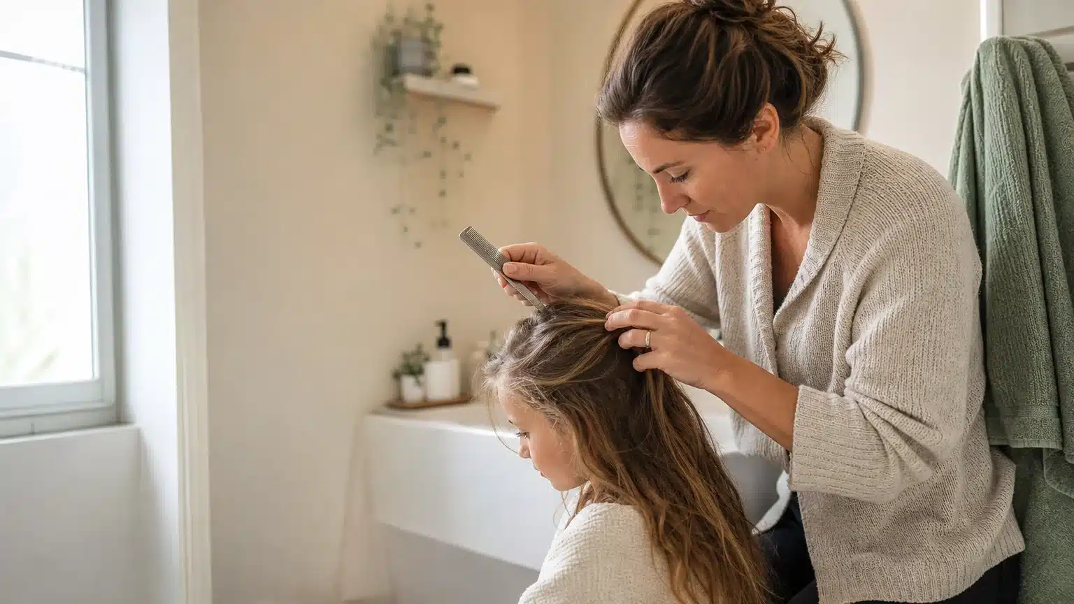 Parent examinant les cheveux d’un enfant avec un peigne anti-poux
