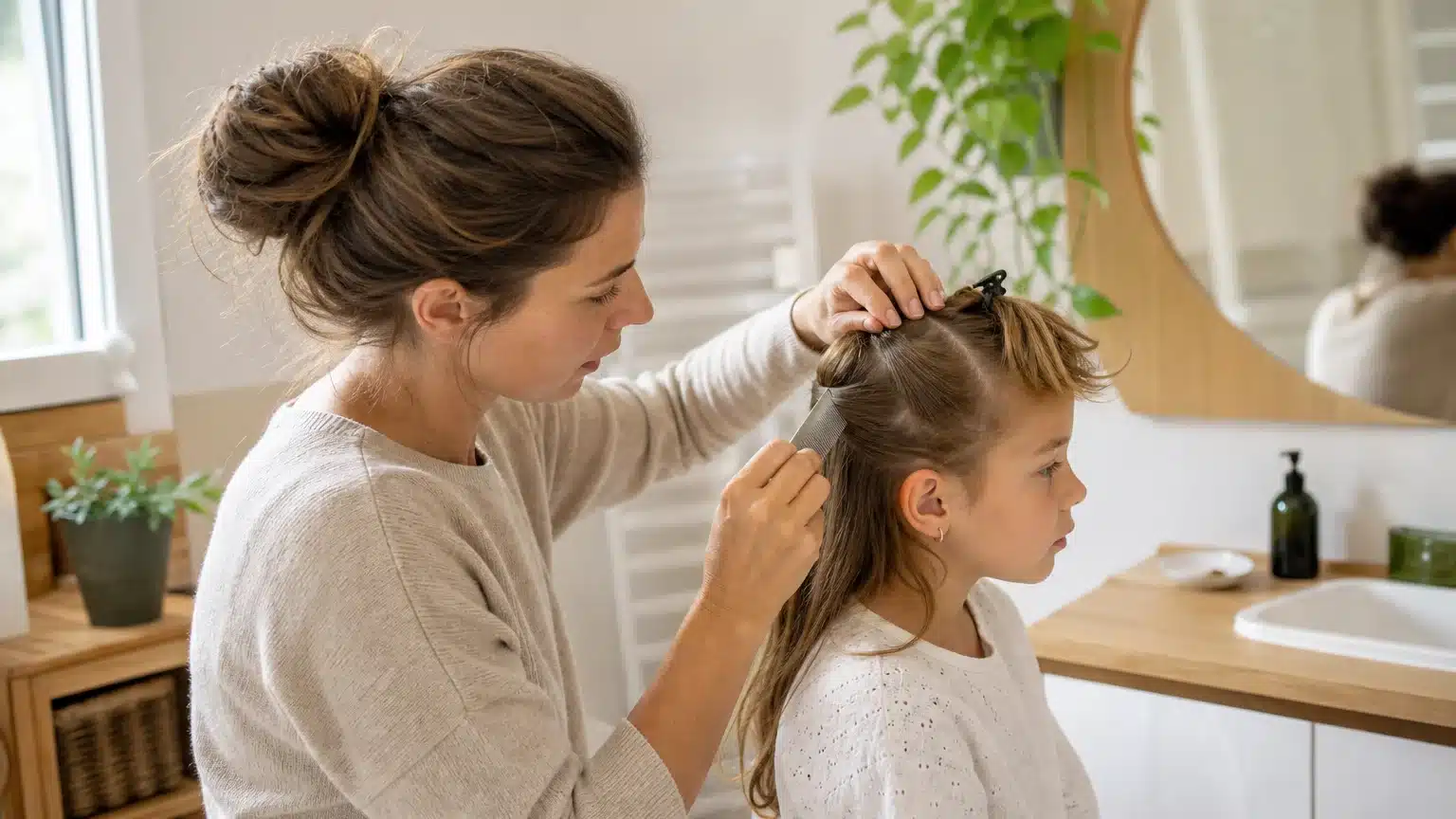 Examen des cheveux d’un enfant avec un peigne anti-poux