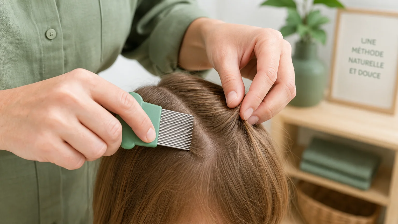 Peignage minutieux des cheveux avec un peigne anti-poux