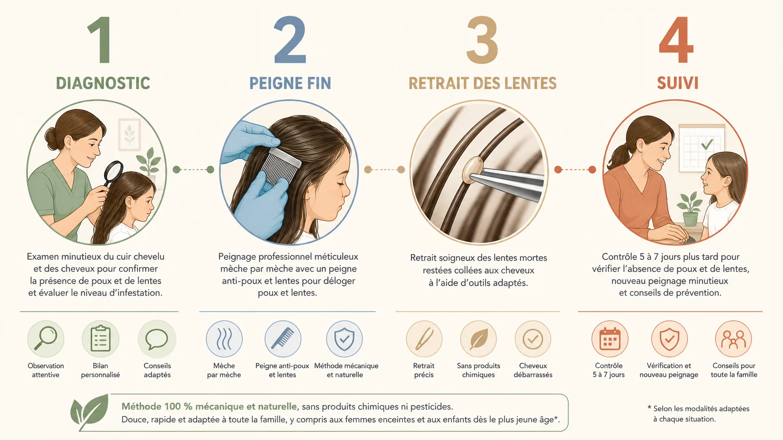 Infographie des étapes essentielles d’une prise en charge anti-poux