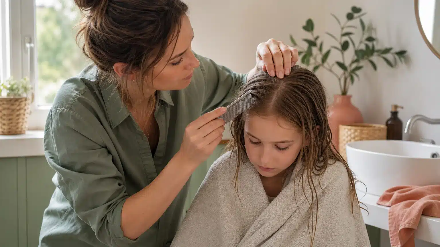 Parent examinant les cheveux d’un enfant avec un peigne anti-poux