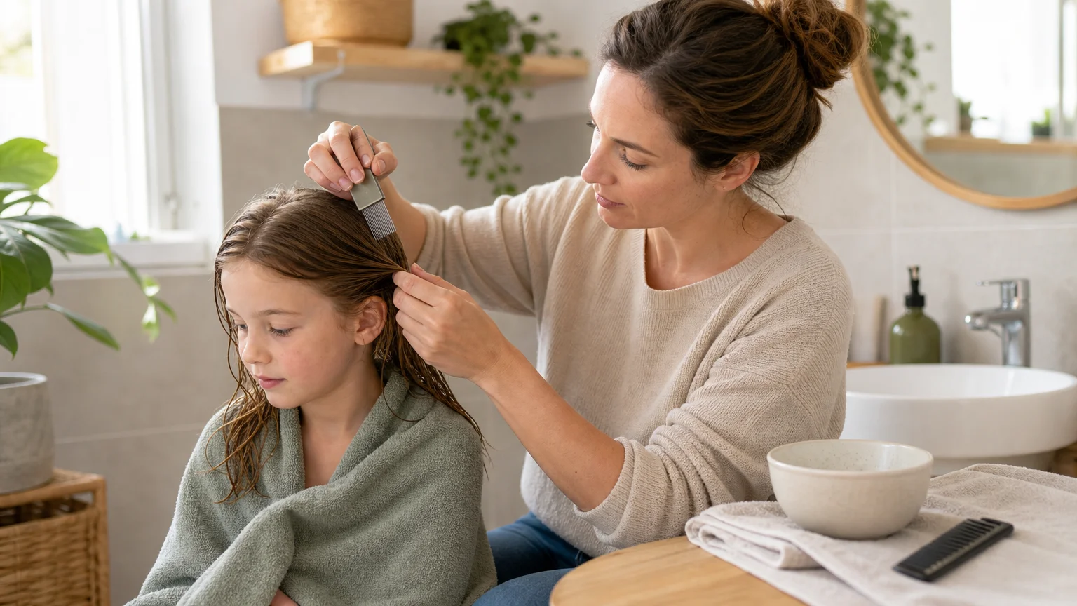 Parent utilisant un peigne anti-poux sur les cheveux humides de son enfant