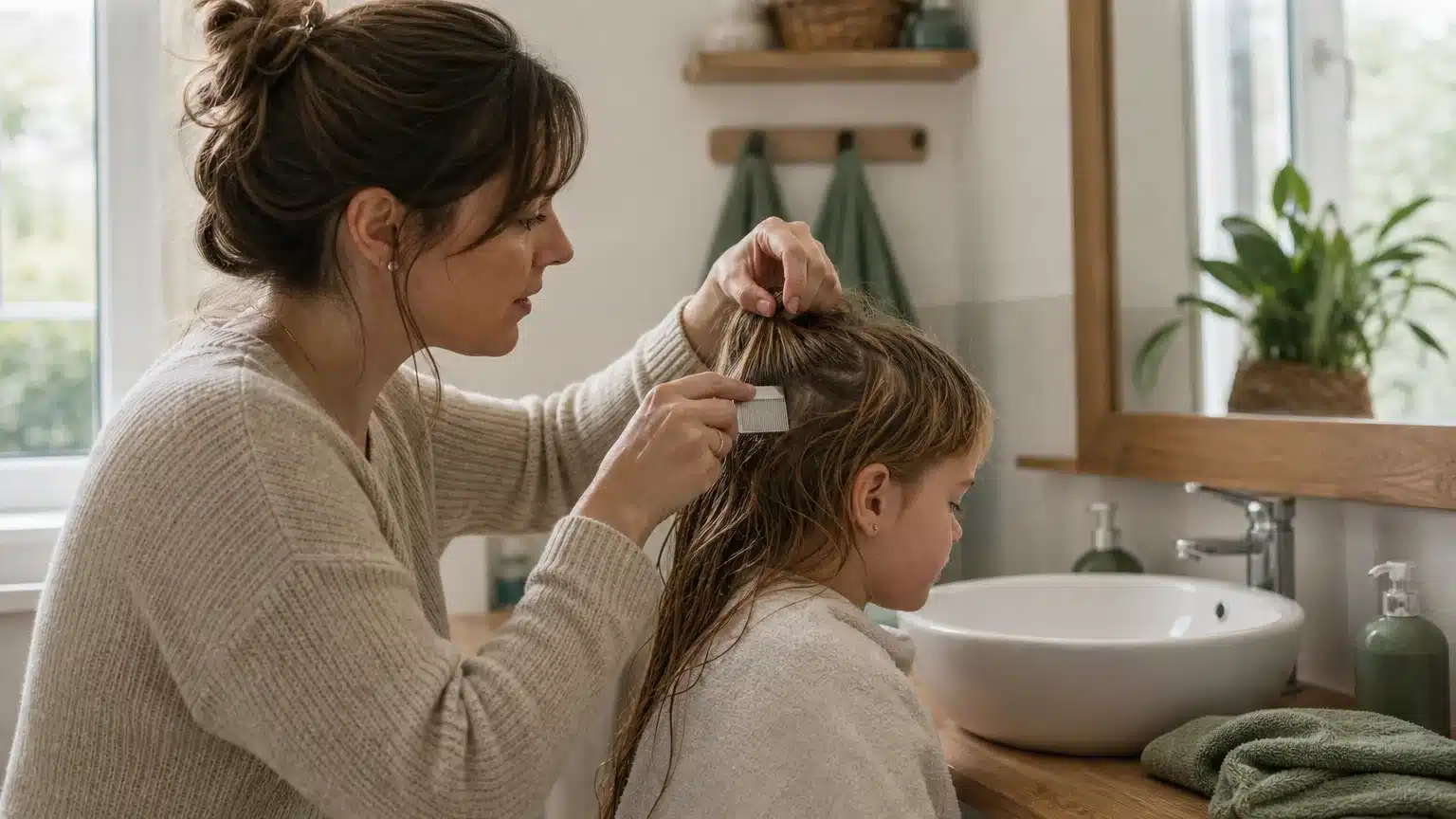 Parent examinant les cheveux d’un enfant avec un peigne anti-poux