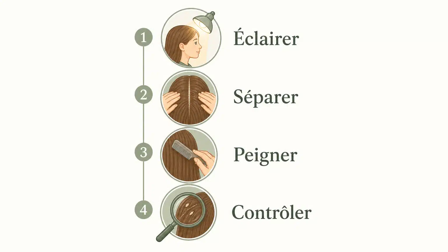 Checklist illustrée pour vérifier la présence de lentes dans les cheveux