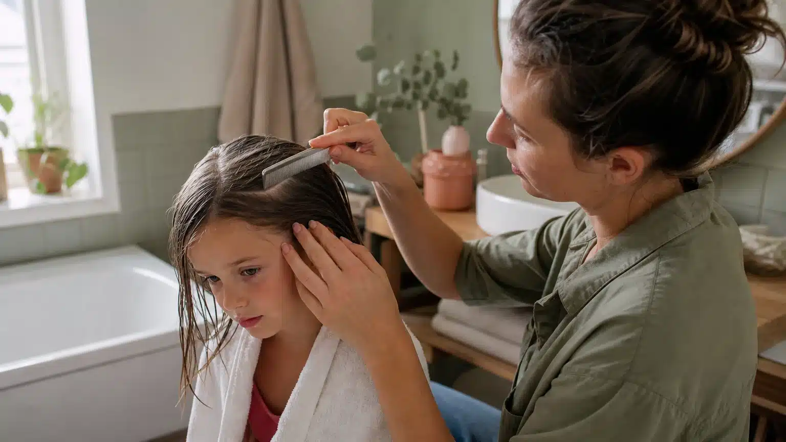Parent peignant soigneusement les cheveux humides d’un enfant avec un peigne anti-poux