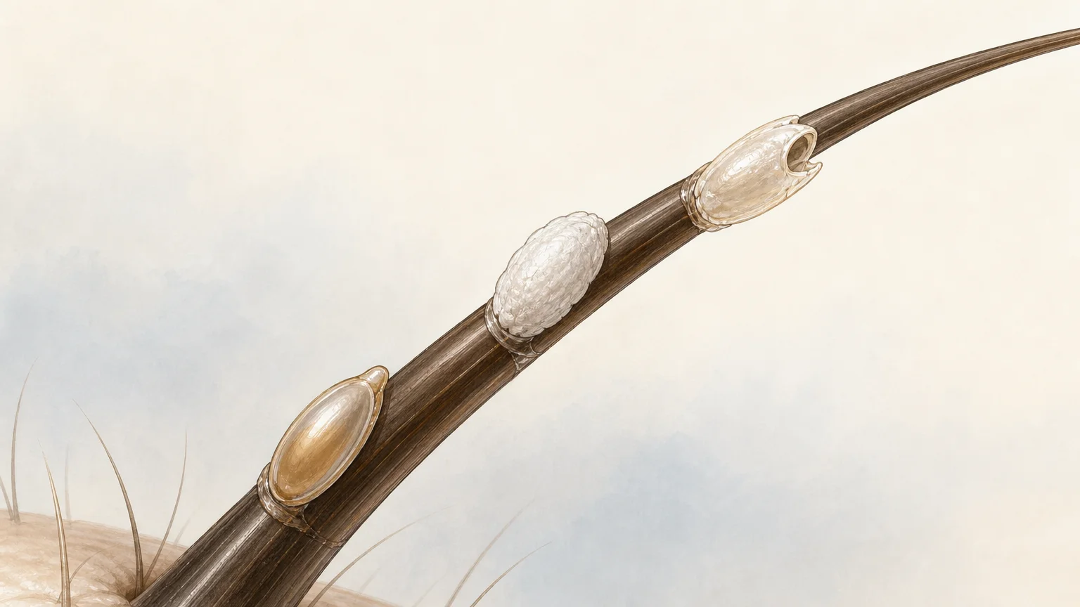 Illustration montrant une lente potentiellement vivante, une lente morte et une coque vide sur une mèche de cheveux