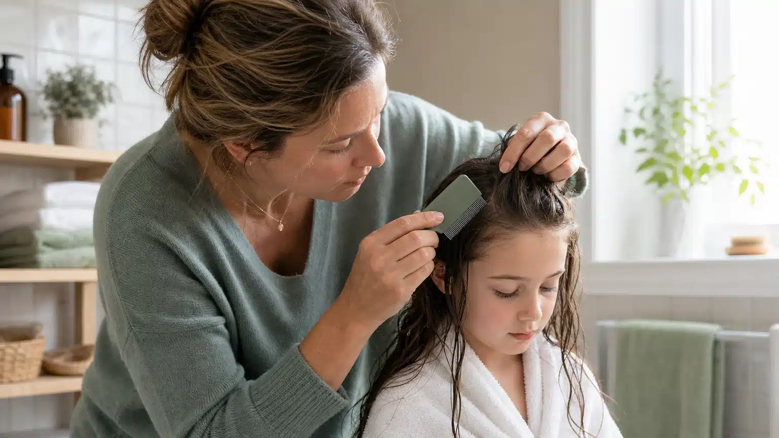 Parent vérifiant les cheveux d’un enfant avec un peigne anti-poux