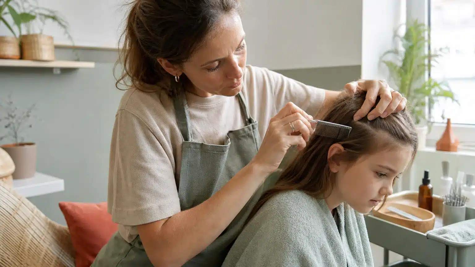 Professionnelle réalisant un diagnostic des cheveux d’un enfant dans un centre anti-poux