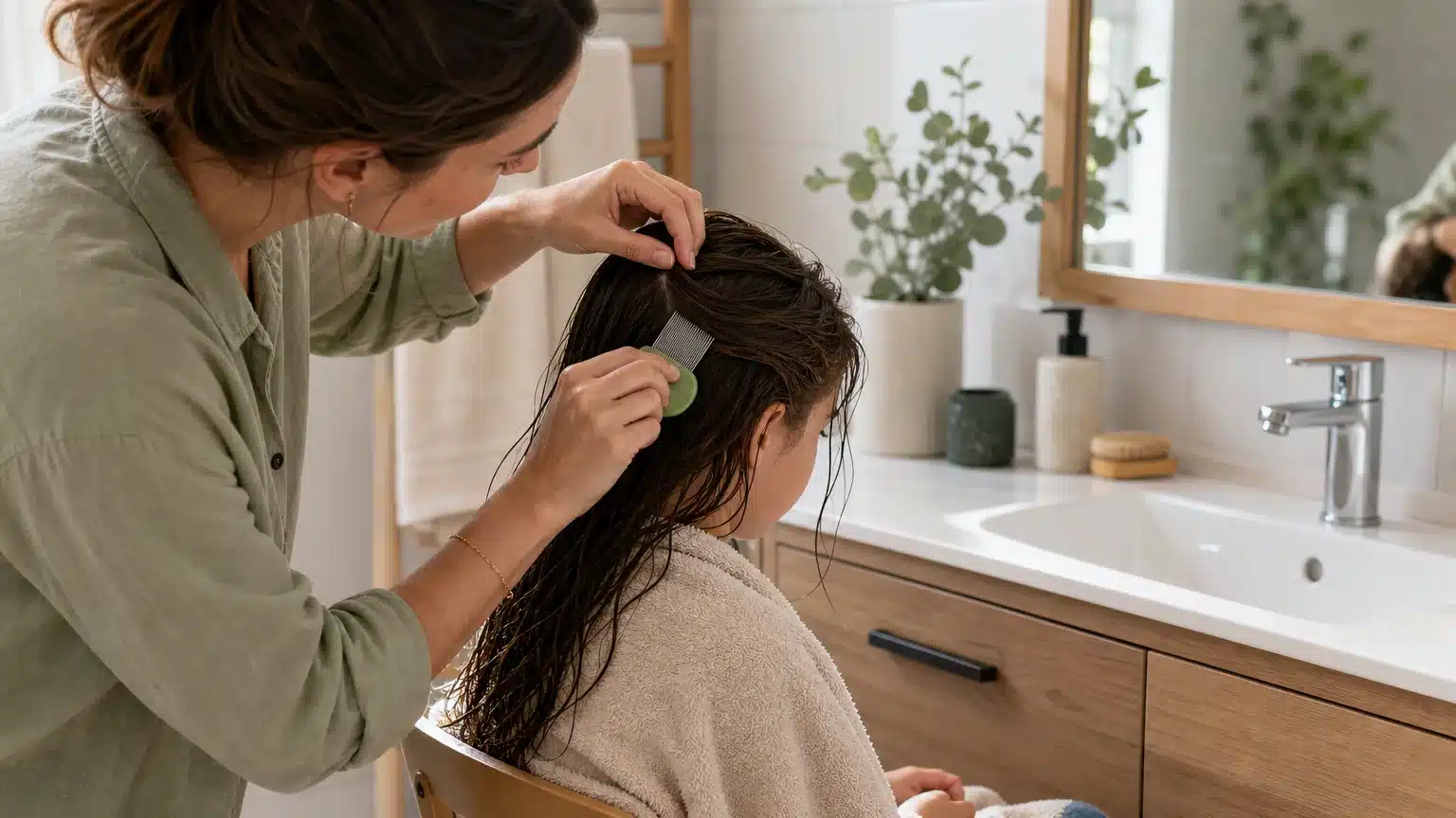 Parent utilisant un peigne anti-poux sur les cheveux mouillés d’un enfant