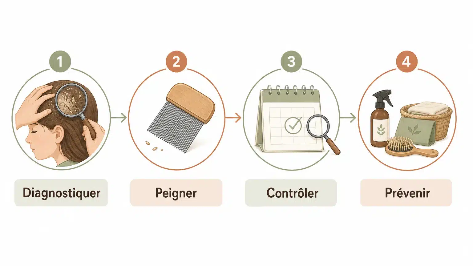 Infographie des étapes d’un protocole naturel contre les poux