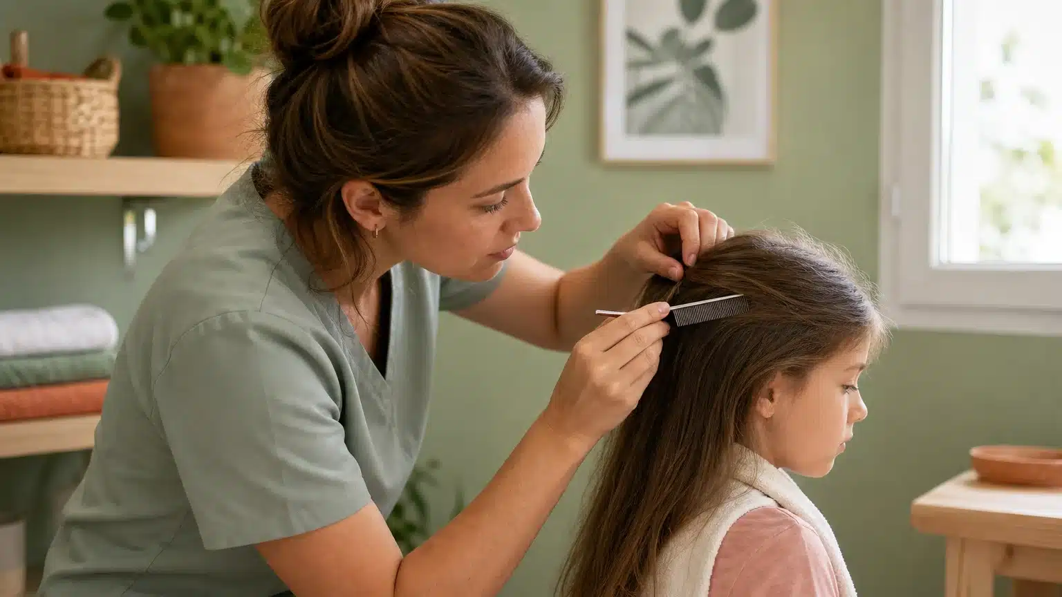 Professionnelle examinant les cheveux d’un enfant avec un peigne anti-poux