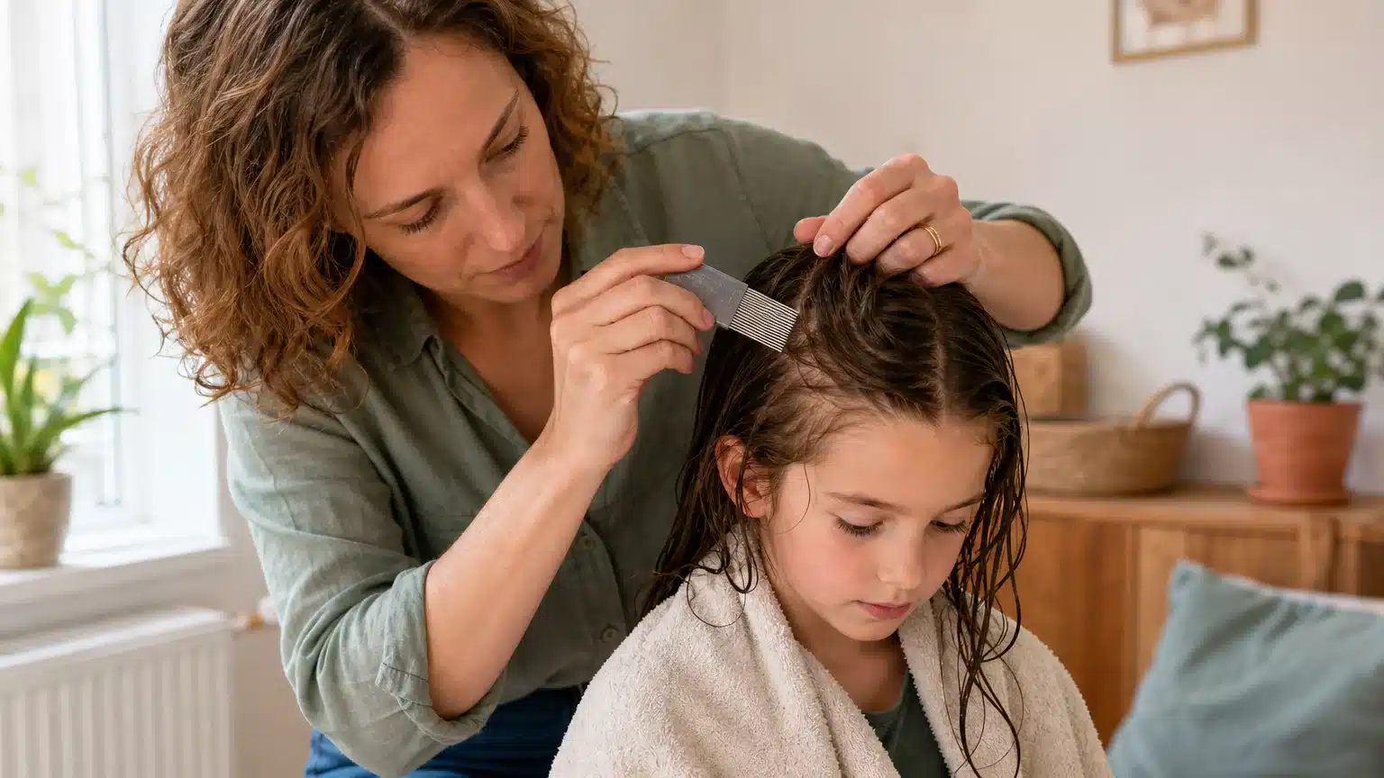 Parent examinant les cheveux d’un enfant avec un peigne anti-poux