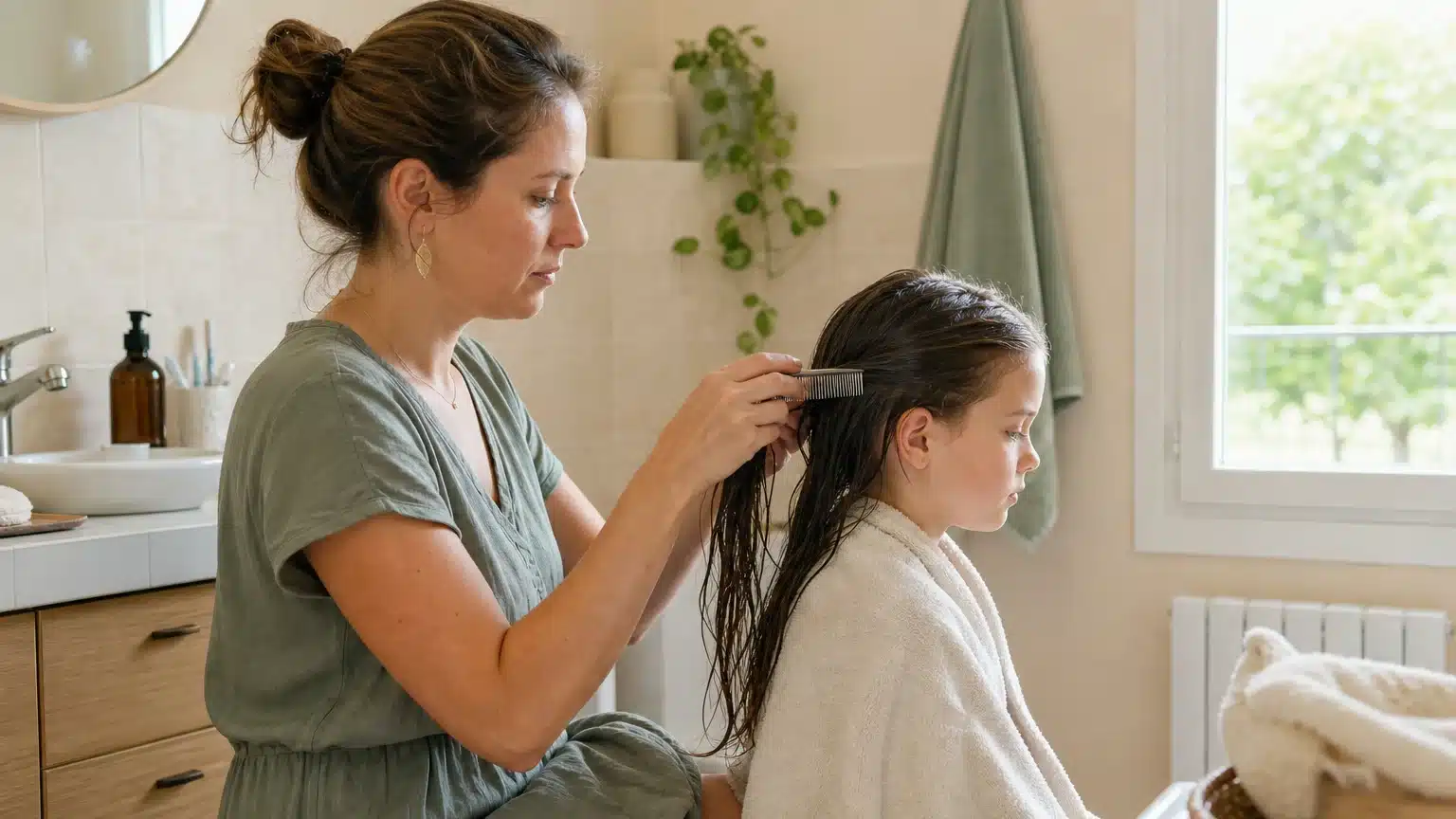 Adulte peignant méthodiquement les cheveux humides d’un enfant avec un peigne fin anti-poux