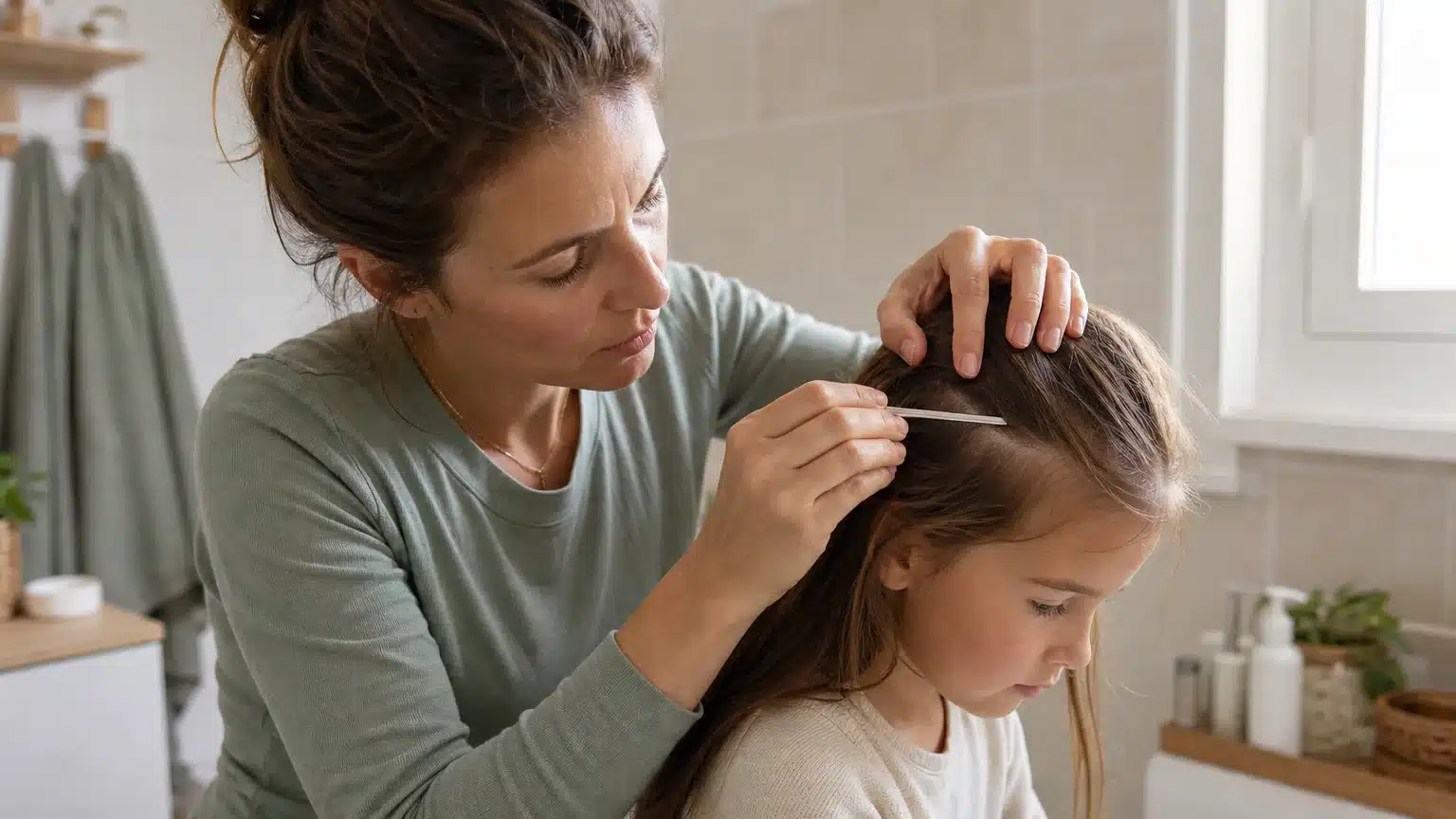 Une mère examine les cheveux de son enfant pour repérer un œuf de pou