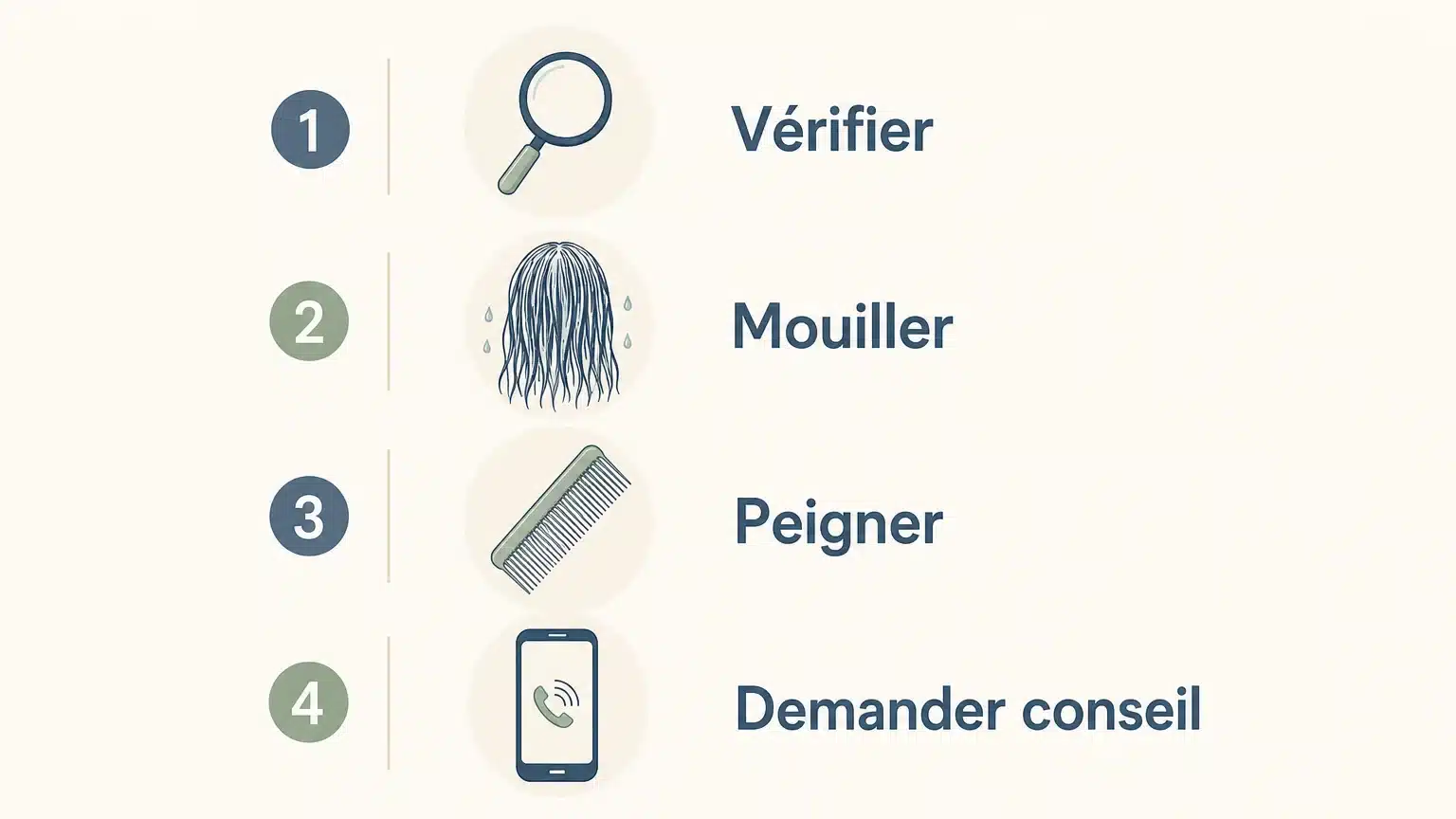 Checklist illustrée pour vérifier, peigner et surveiller les cheveux